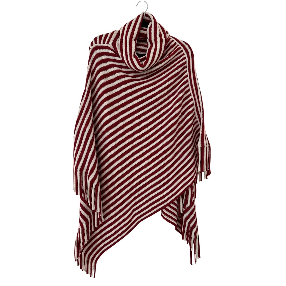 Womans Red White Striped Knit Poncho Turtleneck Fringe Asymmetrical One Size